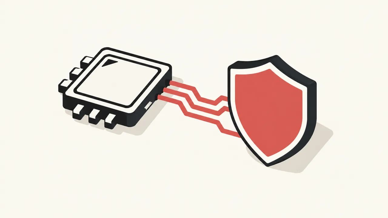 Illustration: an AI processor and a red security shield with branching connections.