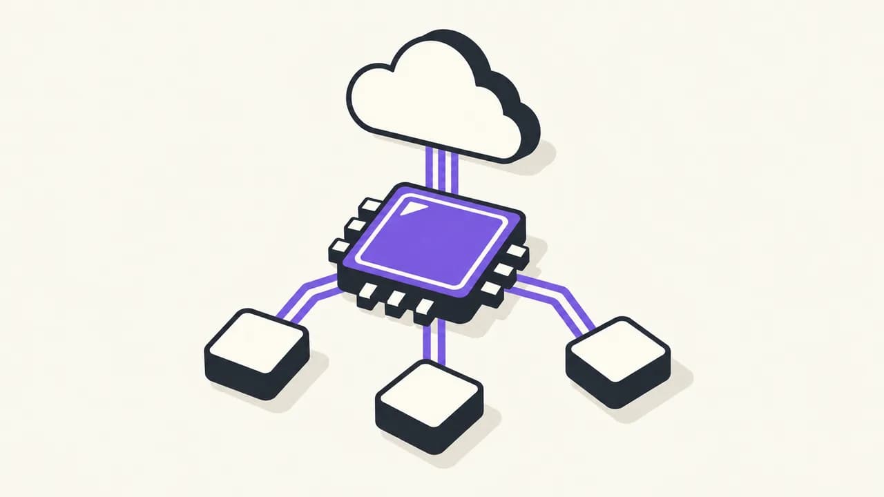 Illustration: a cloud above a violet processor and connected tools.