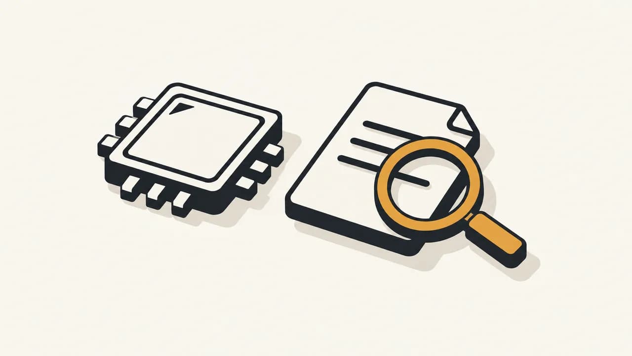 Illustration: an AI chip and review documents under an amber-accented magnifying glass.