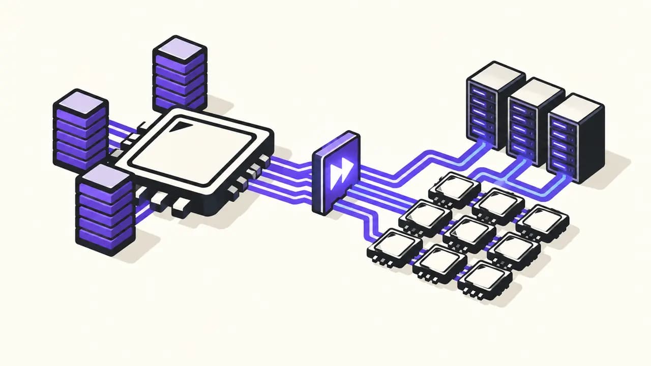 Illustration: a violet AI accelerator with three memory stacks connects an expanding chip grid and server cluster.