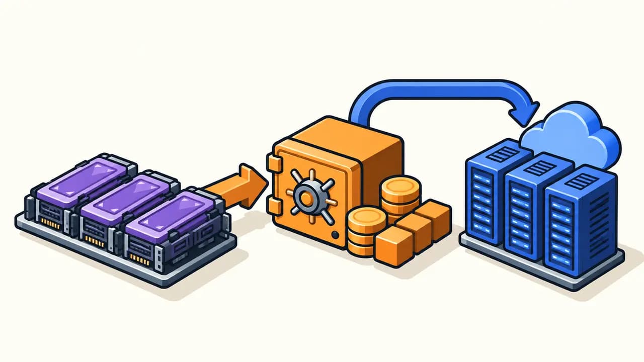Illustration: three violet AI accelerators move into an orange investor vehicle and return to cloud compute racks through a blue leaseback path.