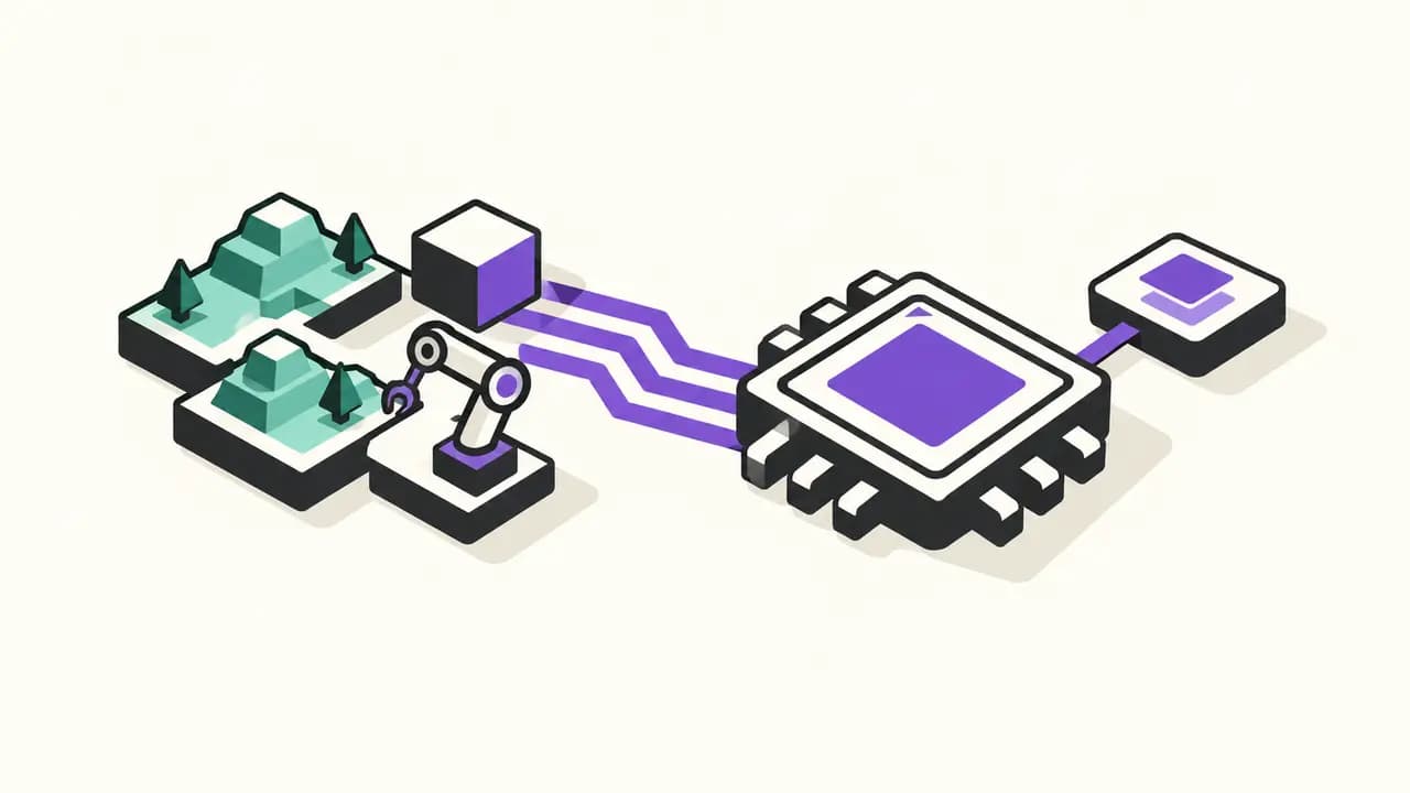 Illustration: two spatial 3D worlds and a robot arm feed their data paths into a violet AI processor and software component.