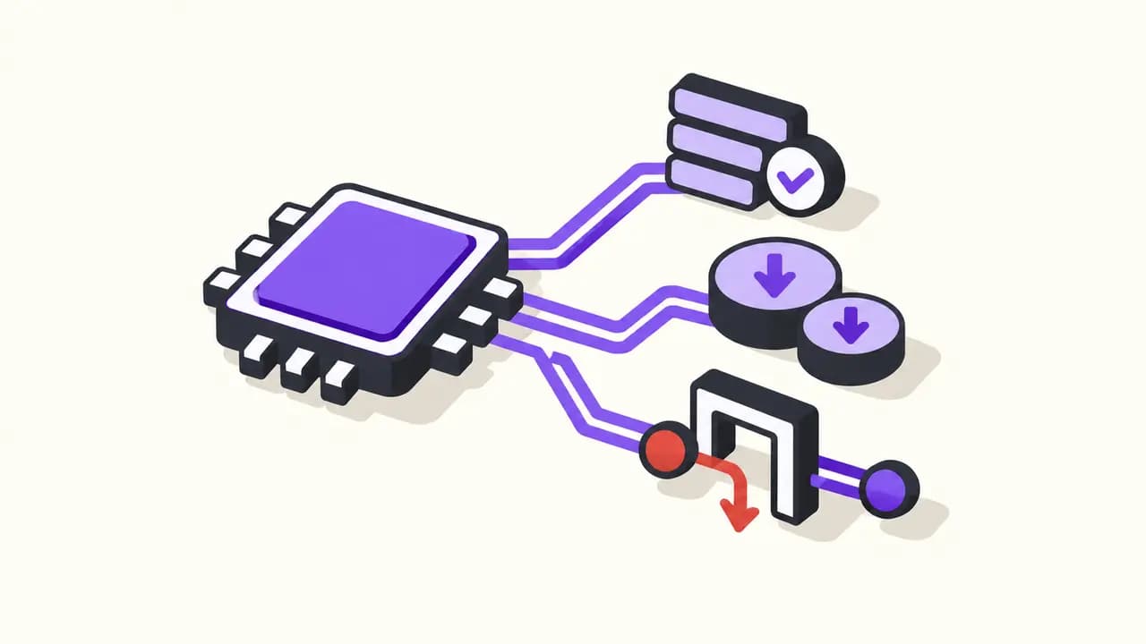 Illustration: a violet AI processor branches to successful code, lower operating costs and a safety gate that reroutes a risk.