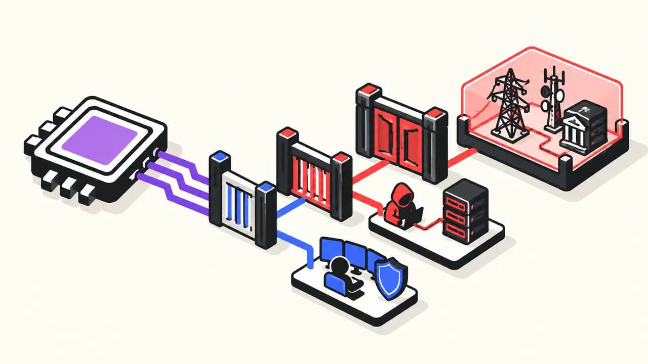 Illustration: a violet AI processor passes through three security tiers leading to defence, an authorised red team and protected critical infrastructure.