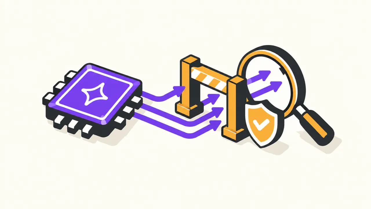 Illustration: an external magnifying glass inspects violet AI paths at an amber checkpoint.