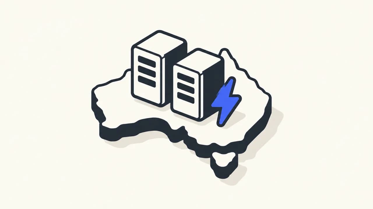 Illustration: server racks and a blue power symbol on a stylized Australia-shaped platform.