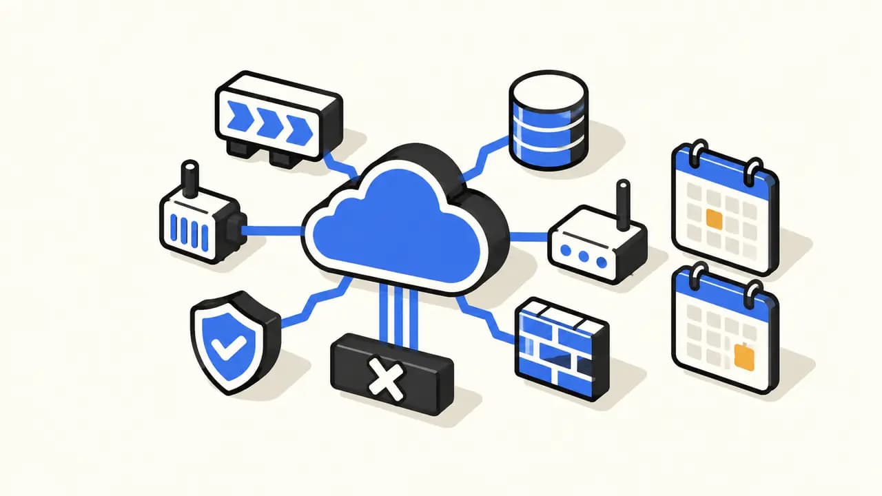 Illustration: six cloud services connect to a central shutdown block while two calendars mark conflicting end dates.