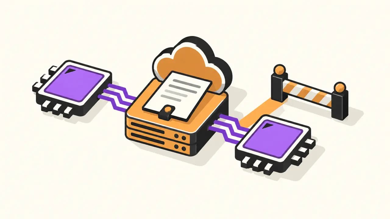 Illustration: two violet AI processors connect through a contract, cloud and server, while a closed barrier marks pending approval.