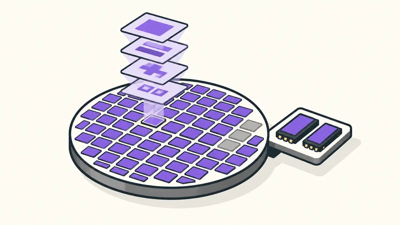 Illustration: four aligned lithography layers densify violet memory dies on a wafer as two mobile DRAM chips leave production.