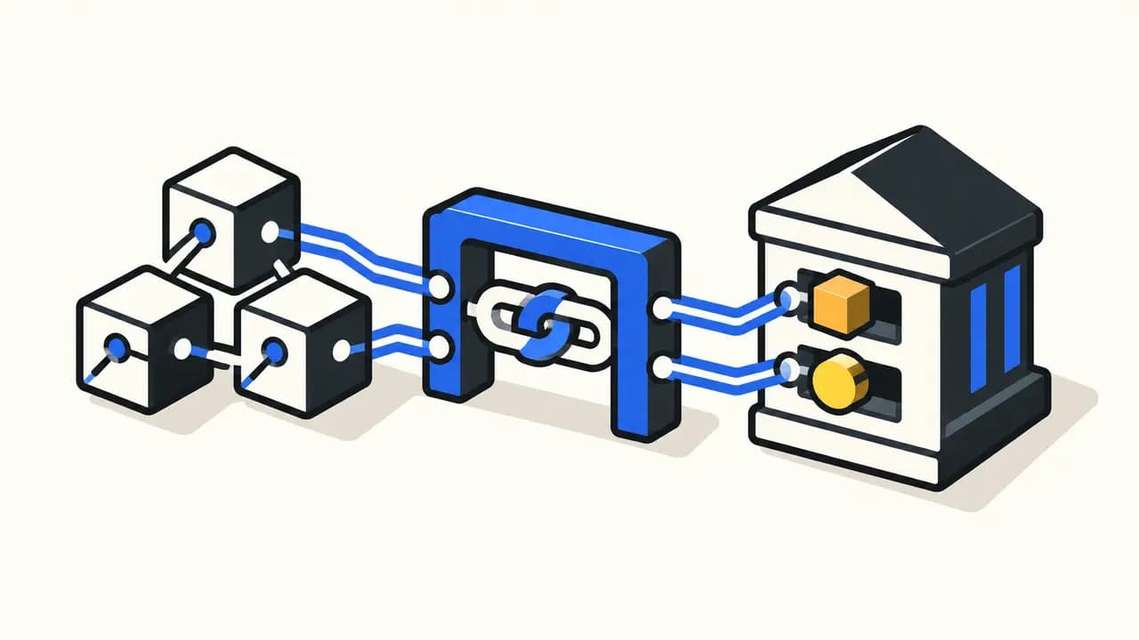 Illustration: three DLT nodes route two synchronised paths through a bridge into central-bank settlement infrastructure.
