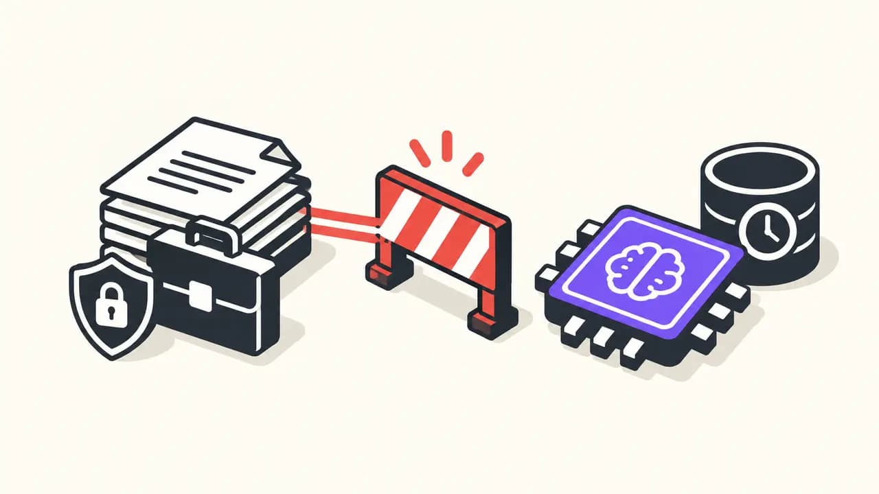Illustration: a red security barrier stops confidential enterprise data before a violet AI processor and timed storage.