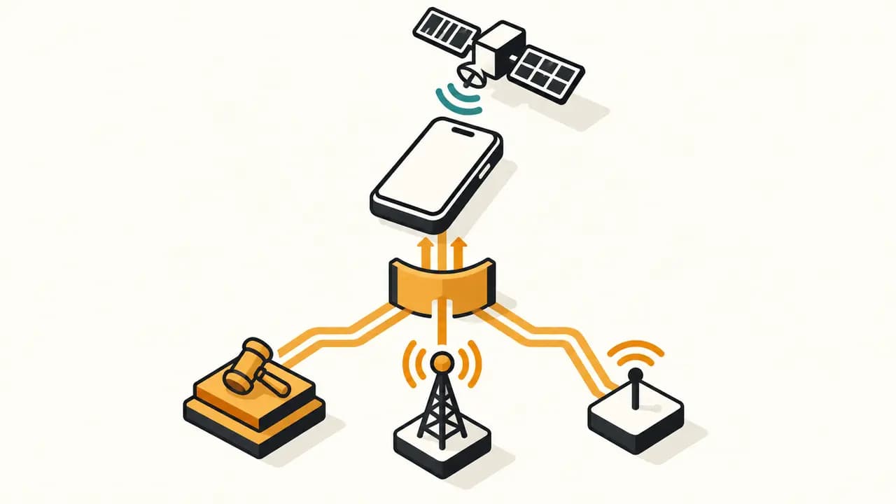 Illustration: a satellite connects through a smartphone to three spectrum paths for auctioned, mobile and unlicensed use.