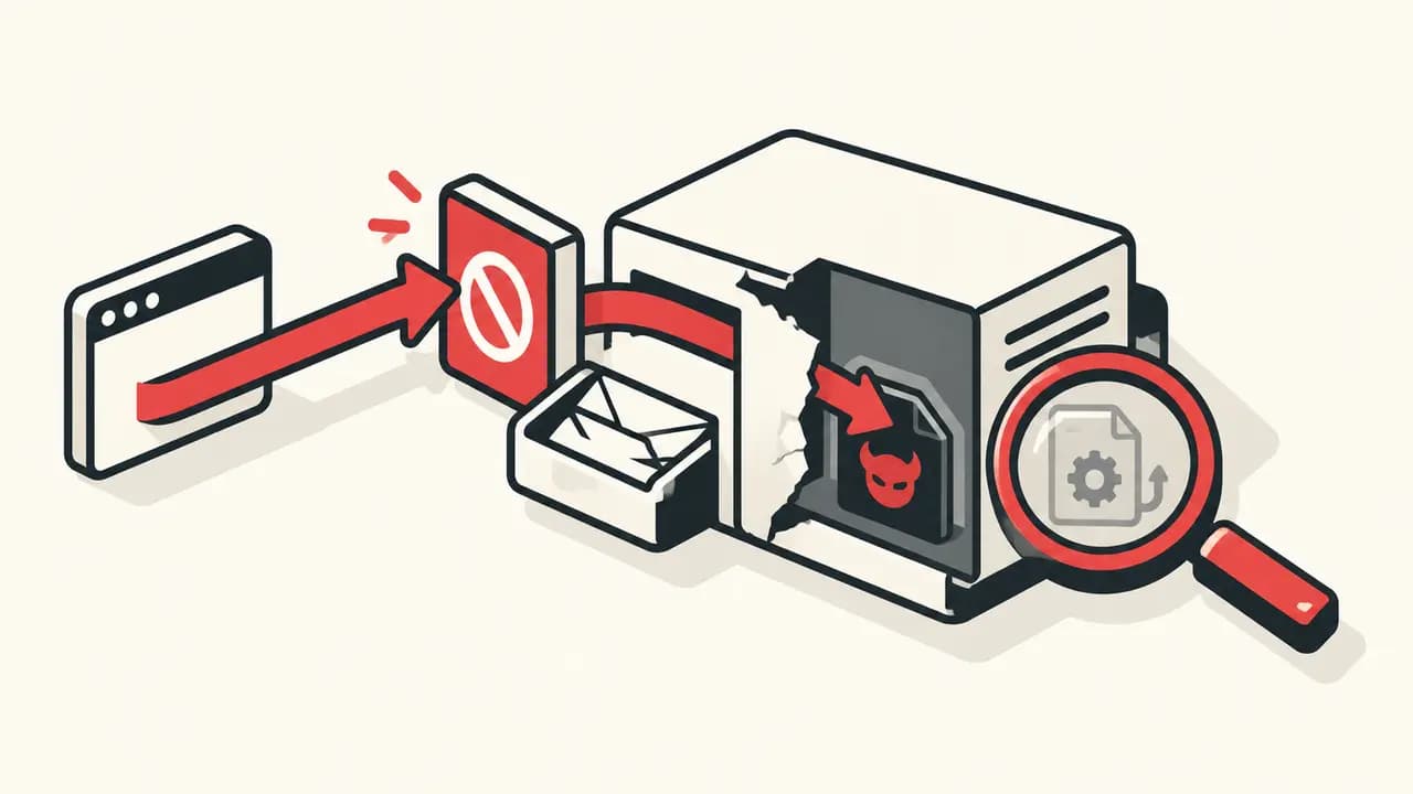 Illustration: a red web-request path breaks through a mail gateway boundary and deposits a malicious file while a magnifying glass checks for earlier compromise.