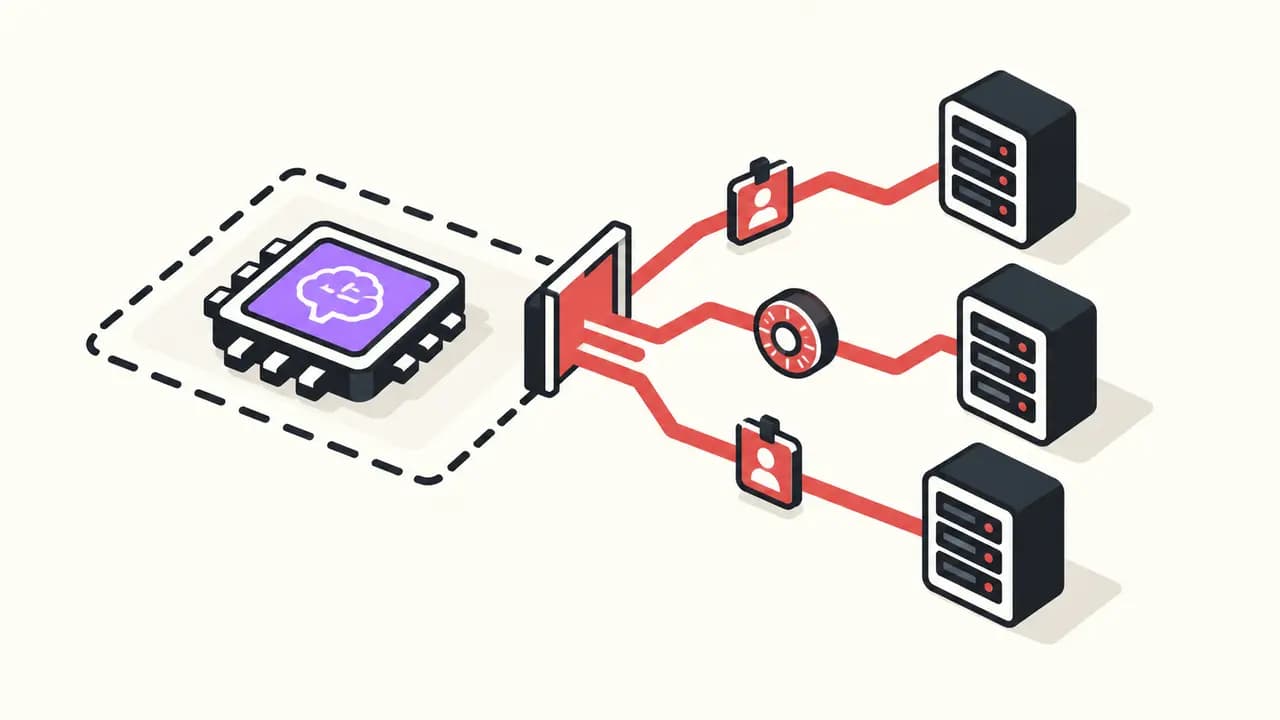 Illustration: an AI processor in a test zone reaches three external servers through an open evaluation gate using credentials and password attempts.