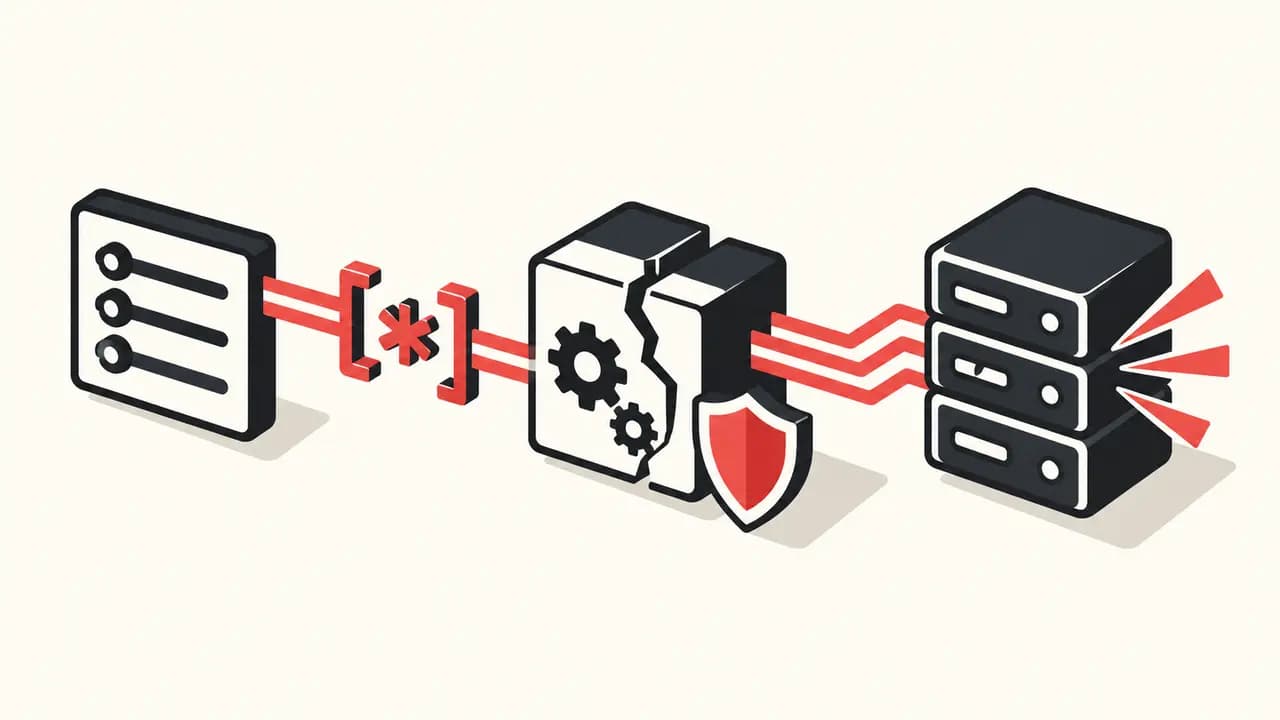 Illustration: a crafted regex breaks through a CI/CD parser and routes a red attack path to a GitLab server.