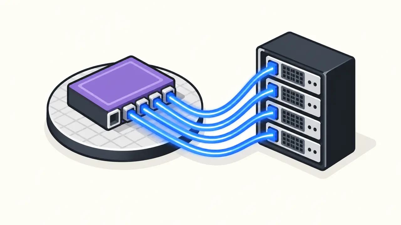 Illustration: a violet SiGe chip on a wafer platform connects four blue optical data paths to an AI server rack.