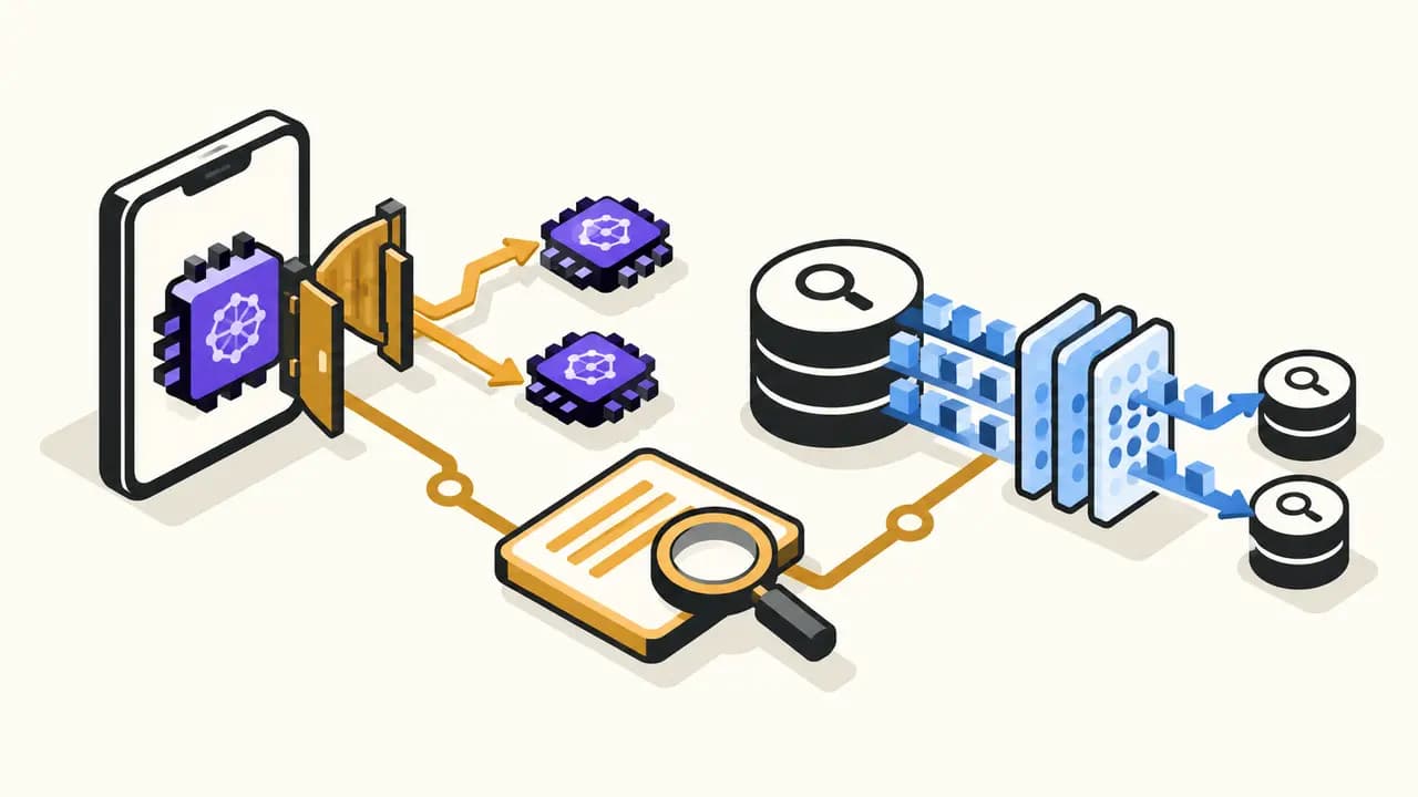 Illustration: an open Android gate leads to alternative AI chips while search data separately passes through a layered anonymisation filter.