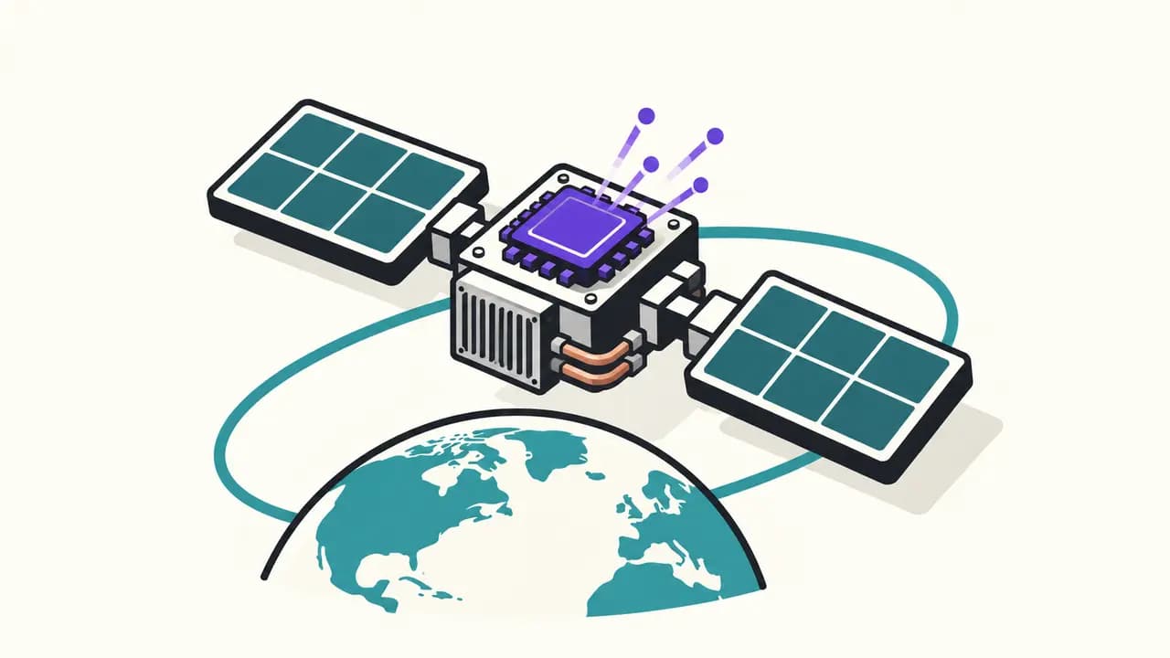Illustration: a prototype satellite tests a violet AI processor under radiation in Earth orbit, with solar panels, a radiator and heat pipes showing the engineering test areas.