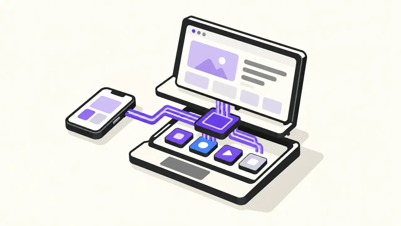 Illustration: a violet AI processor connects an Android app layer, desktop window and smartphone inside an open laptop.