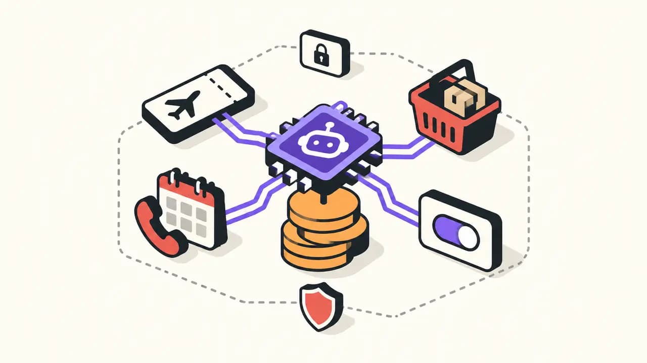 Illustration: a personal AI agent connects travel, shopping, booking and a subscription inside a sandbox above an orange funding stack.