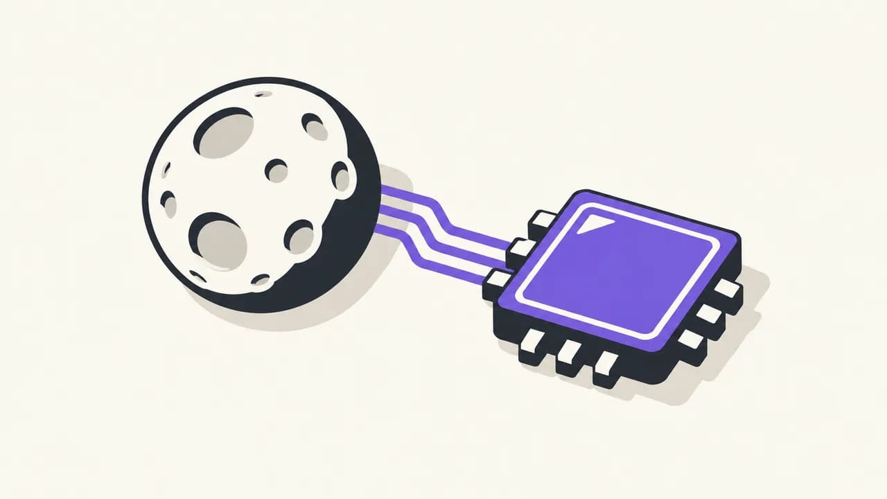 Illustration: a cratered Moon connected to a violet AI processor.