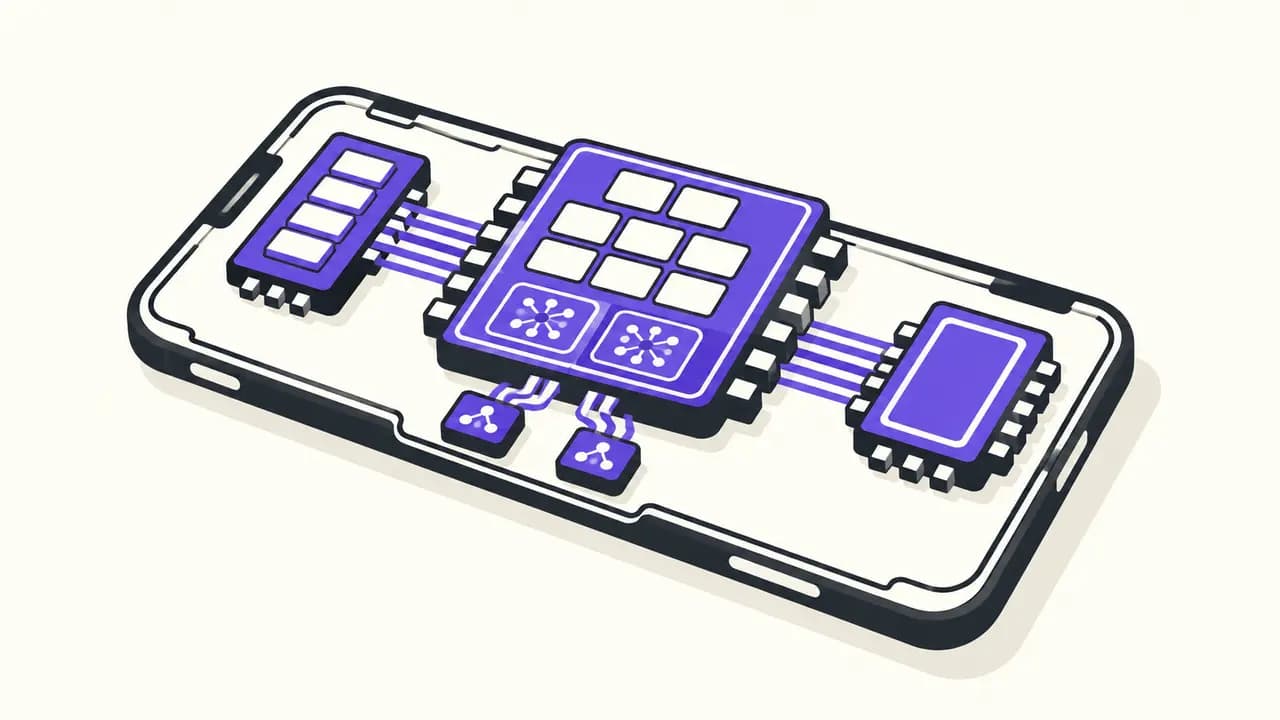 Illustration: a violet smartphone chip with eight CPU tiles, two NPU blocks and connected memory.