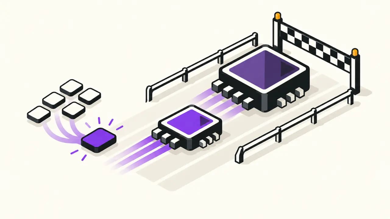 Illustration: a compact violet AI processor nearly reaches a larger premium processor on a benchmark track as five token tiles collapse into one cost tile.