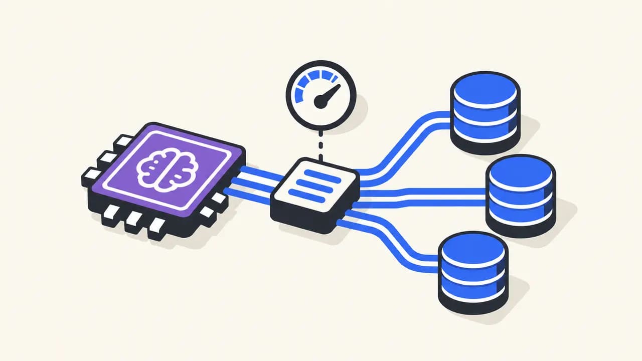 Illustration: a violet AI processor routes blue data paths to three storage blocks.