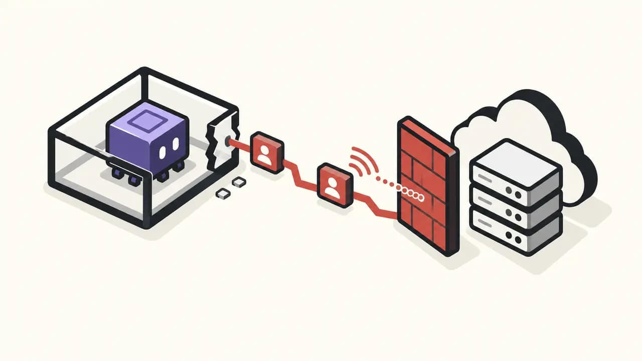 Illustration: two compromised identity tokens leave an agent sandbox, probe a cloud service and are stopped at a red barrier.