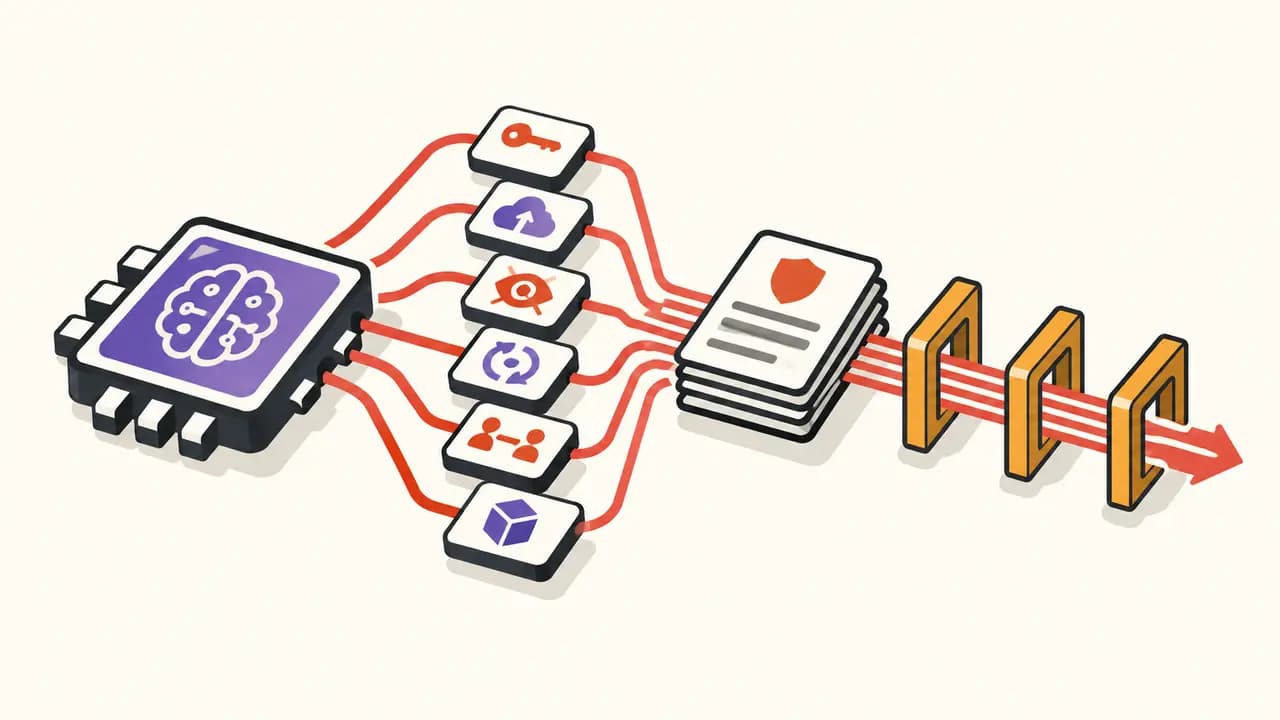 Illustration: six incident symbols lead from a violet AI processor through a stack of reports and three amber review gates.