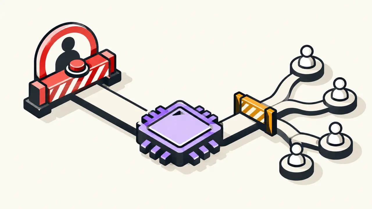 Illustration: a violet AI processor branches to a red emergency stop for control risks and through an amber risk gate to several users.