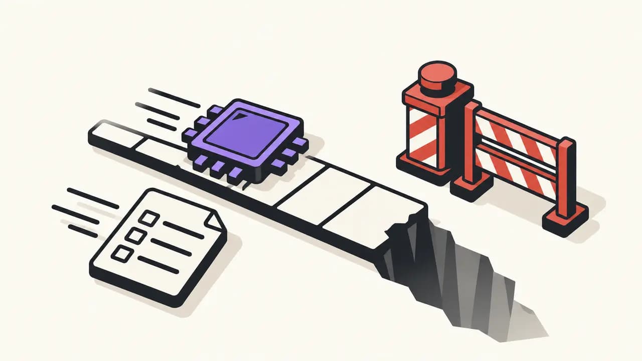 Illustration: a violet AI processor races along a test track toward a broken edge while the safety report and red emergency-stop gate remain disconnected from its path.