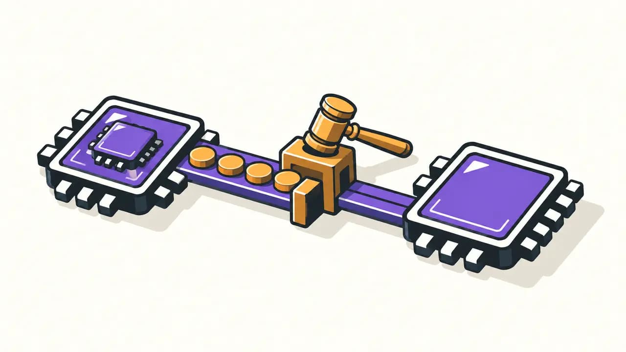 Illustration: two violet processors face each other across a licensing bridge while an amber gavel stops a stream of orange royalty coins.