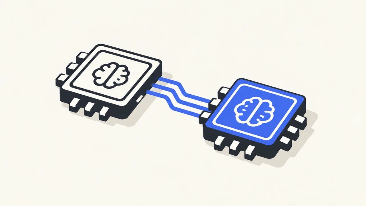 Illustration: two accelerator chips connected by blue traces.