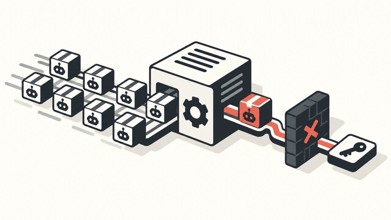 Illustration: software packages pass through a build server while a firewall blocks the path to a key.