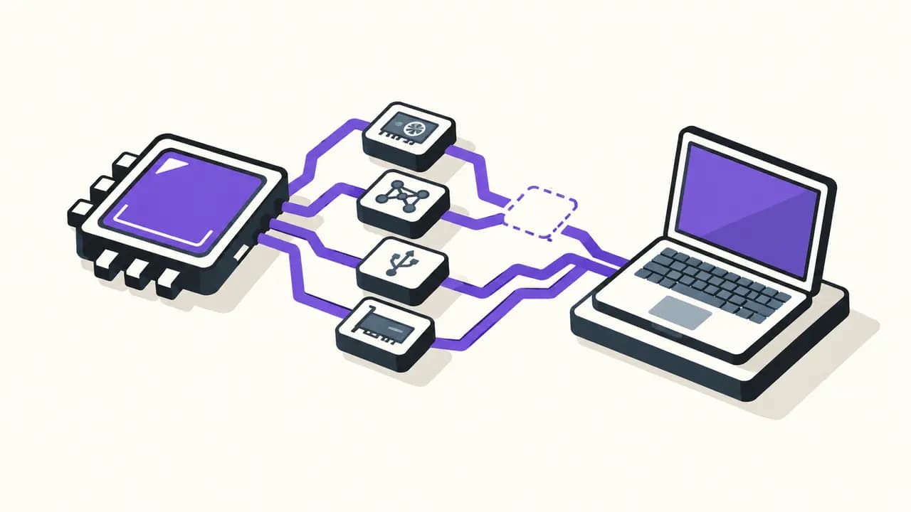 Illustration: a violet laptop processor routes graphics, NPU and I/O drivers through an incomplete upstream path to a laptop.