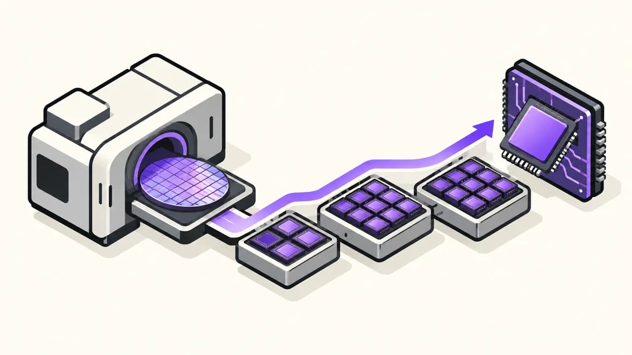 Illustration: a chip fab turns a wafer into three growing output trays of AI accelerators.