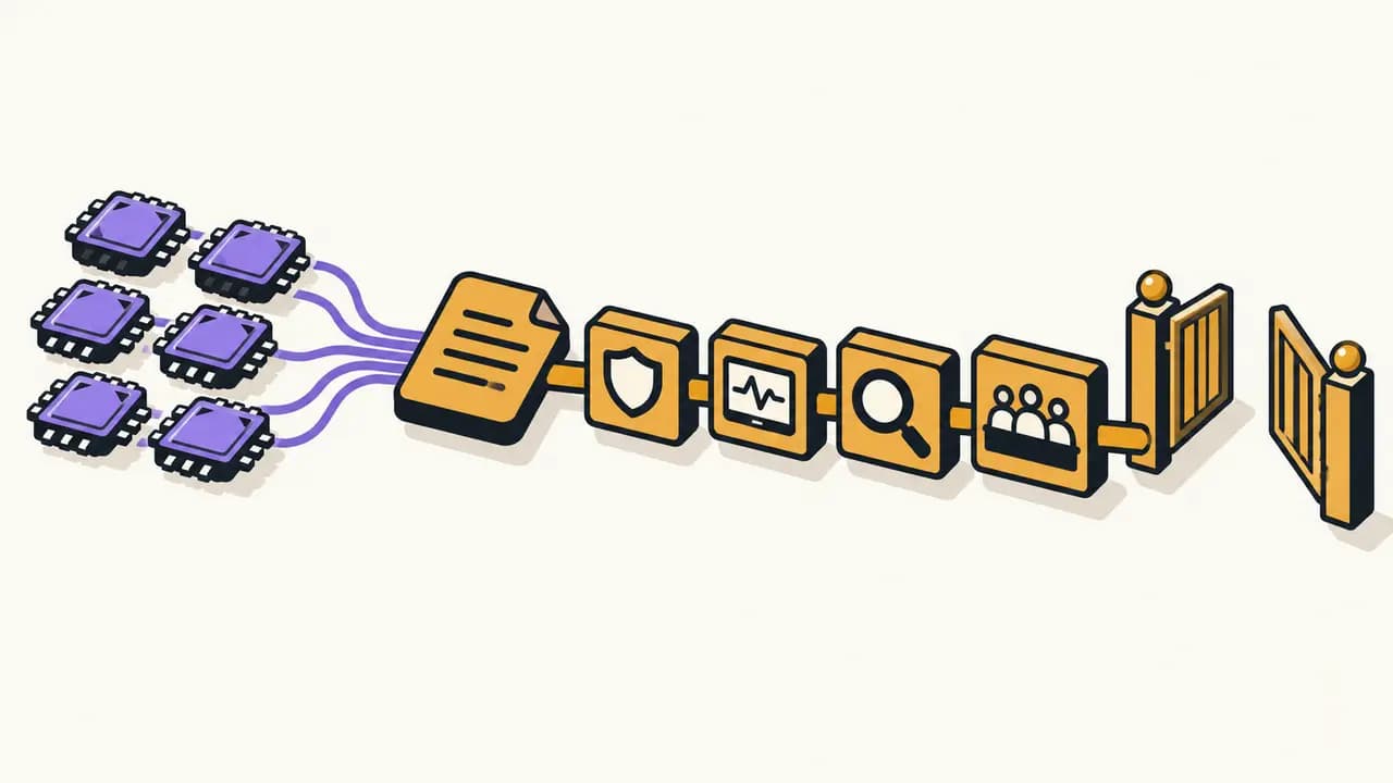 Illustration: six violet AI processors pass through four amber control layers to an open enforcement gate.