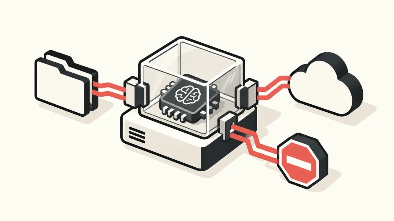 Illustration: a local AI processor runs inside a transparent container with controlled file and cloud access and one blocked path.
