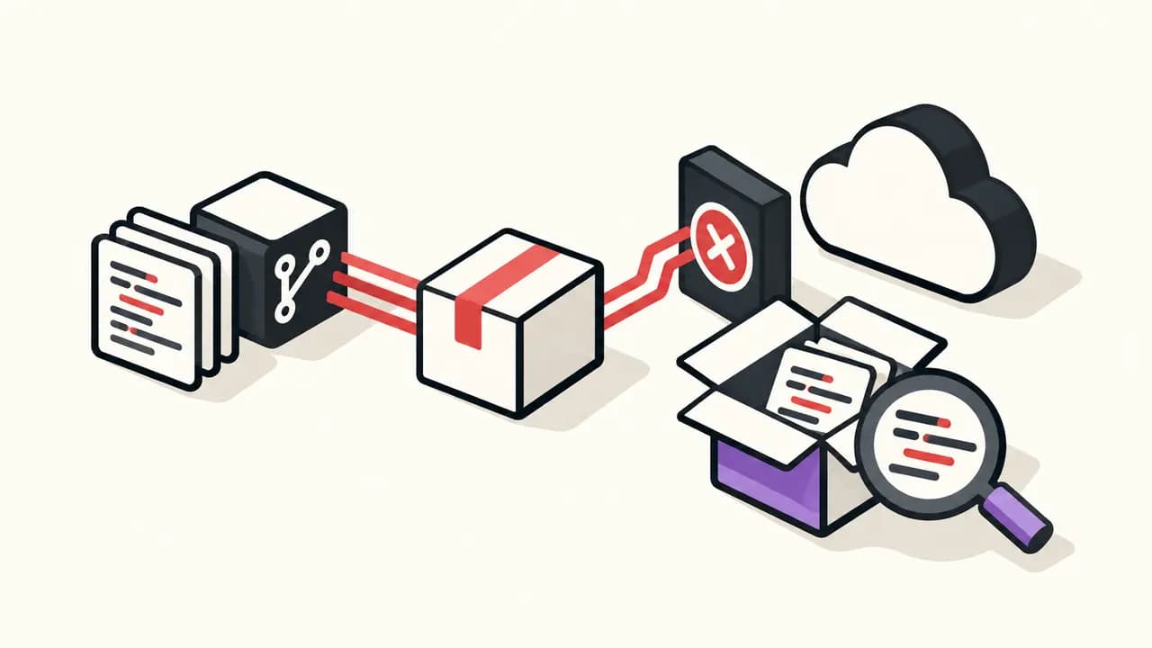 Illustration: a local code repository is packaged for cloud upload; a barrier stops the path while released source code is inspected under a magnifying glass.