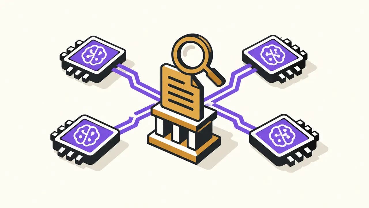 Illustration: four separate AI processors lead to an antitrust complaint examined under a magnifying glass.