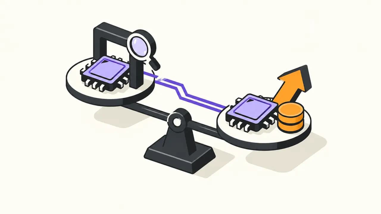 Illustration: a balance scale contrasts safety review of an AI chip with release and financing pressure.