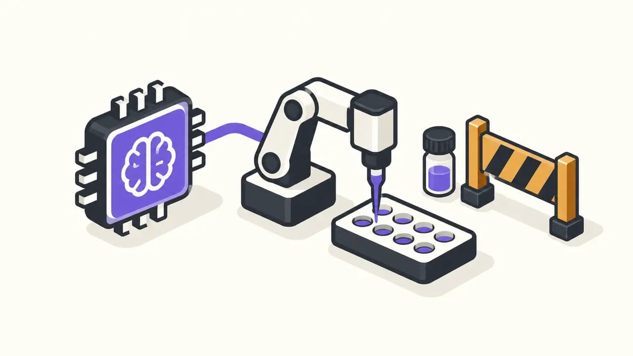 Illustration: a violet AI processor directs a lab robot pipetting into a microplate, while a barrier marks the clinical boundary.