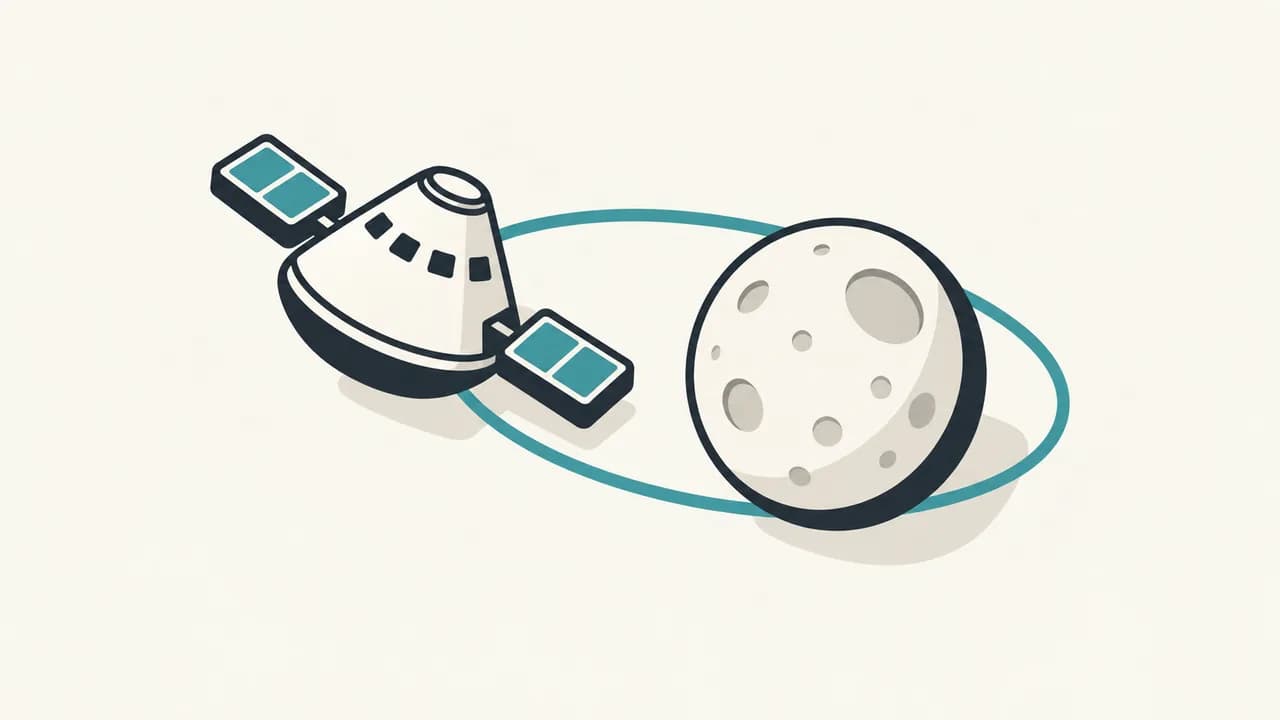 Illustration: a space capsule beside the Moon with teal accents and an orbital path.