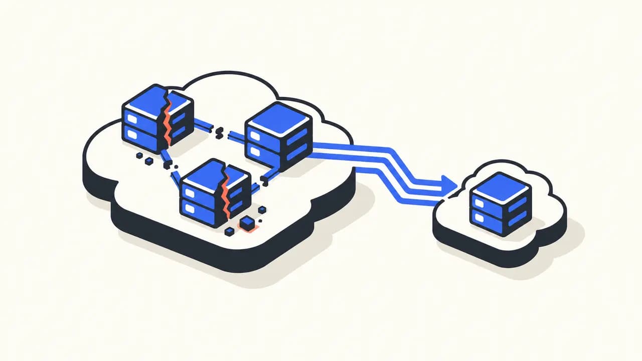Illustration: two damaged server zones on a cloud platform redirect data to an intact remote region.