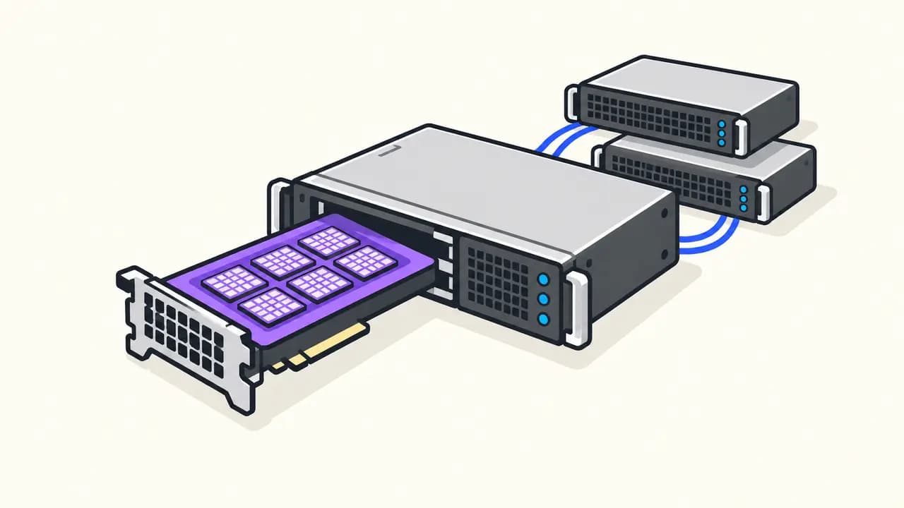 Illustration: a violet AI accelerator card slides into a rack server connected to two additional servers.