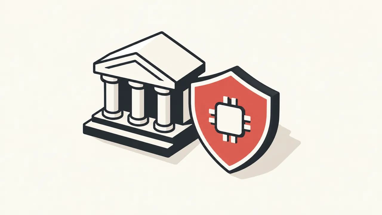 Illustration: a bank building behind a red shield bearing a processor symbol.
