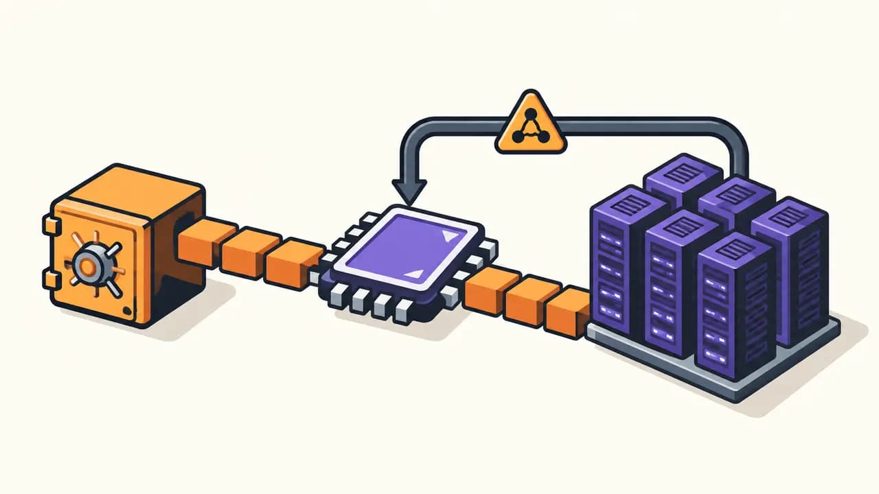Illustration: orange financing blocks connect a violet AI chip to leased compute racks; a return path brings the supply, leasing and credit roles back together.
