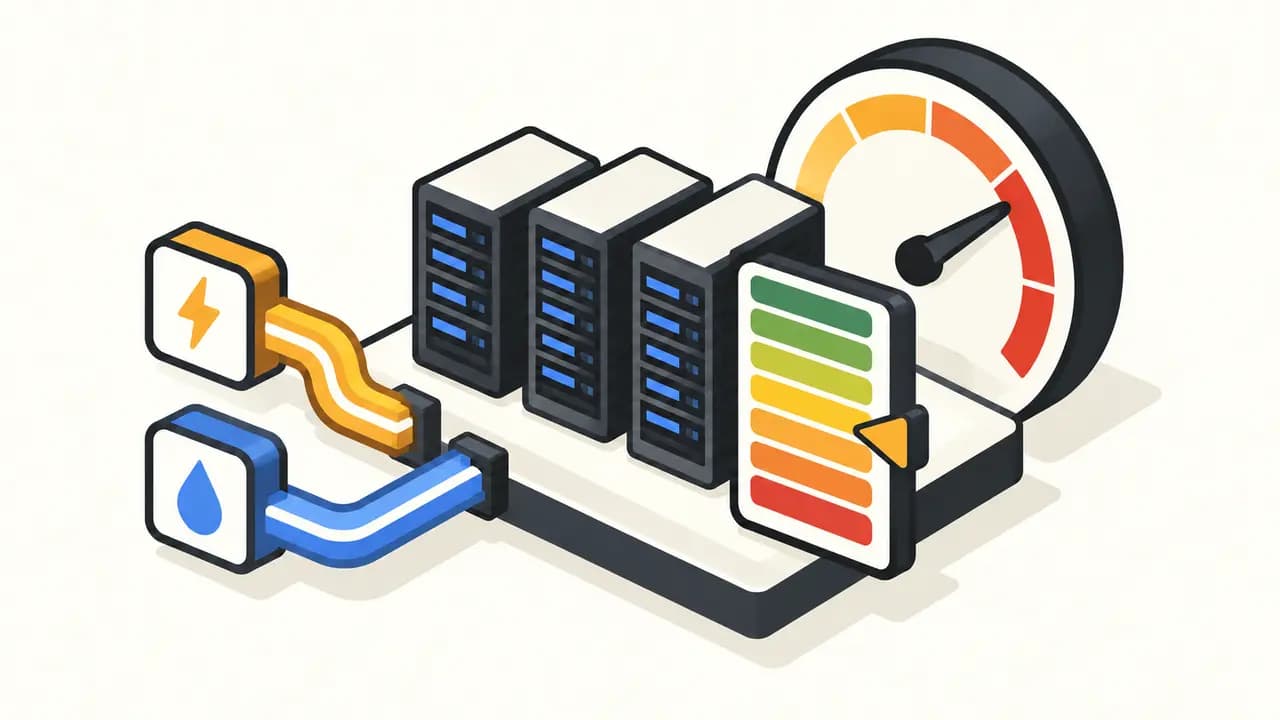 Illustration: server racks receive separate energy and water efficiency classes while a large total-consumption meter remains outside the label.