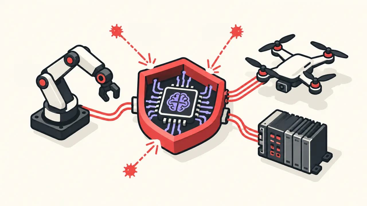Illustration: a red-protected AI chip blocks attacks on a robot arm, drone and industrial controller.